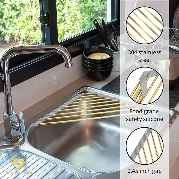 Snailhouse Small Triangle Roll Up Dish Drying Rack, Stainless Steel Kitchen Foldable Sink Caddy Organizer Sponge Holder for Sink Corner, Gold