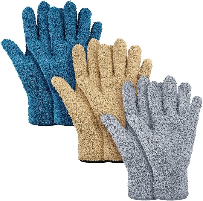 Patelai 3 Pairs Microfiber Plant Dusting Gloves Leaf Cleaning Gloves for Indoor Plants, Blinds, Furniture, House (Dark Blue,Gray,Khaki,Small)