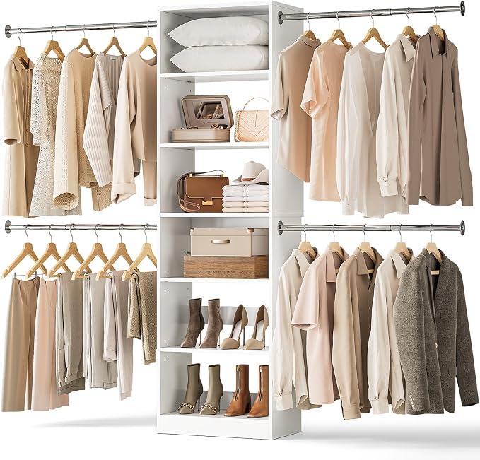 W1 Closet System, 3.5FT-7.7FT Closet Organizer System with 4 Chrome-Plated Telescopic Rods & 6 Adjustable Shelves, Custom Wood Walk-In Closet Wall-Mounted Clothing Rack, White