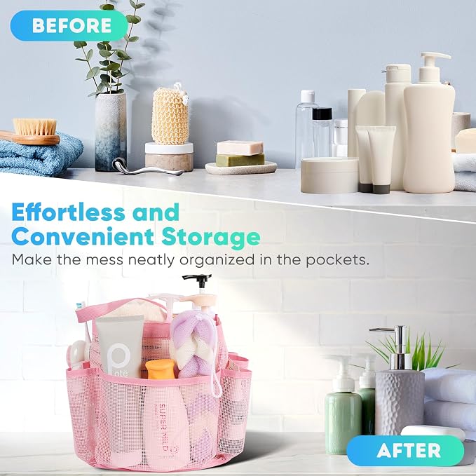 EUDELE 2 Pack Mesh Shower Caddy Portable for College Dorm Room Essentials, Shower Caddy Dorm with 8-Pocket Large Capacity,Shower Bag for Beach,Swimming,Gym All Black+All Purple