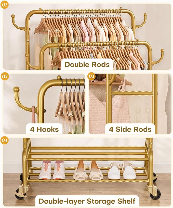 Homde Heavy Duty Clothes Rack: 265lb Rolling Double Rod Garment Hanging - Metal Coat Organizer Storage Display Shelf on Wheels for Bedroom Laundry