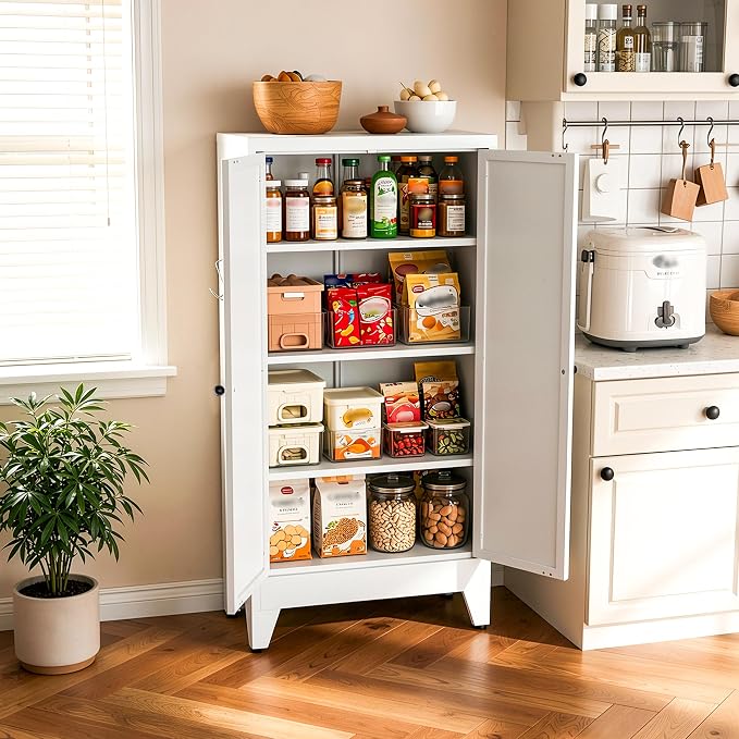 AQY Metal Pantry Cabinet with Adjustable Shelves, White Kitchen Pantry Storage Cabinet with 2 Doors, Freestanding Storage Cupboard Organizer for Dining Room, Living Room, Bathroom