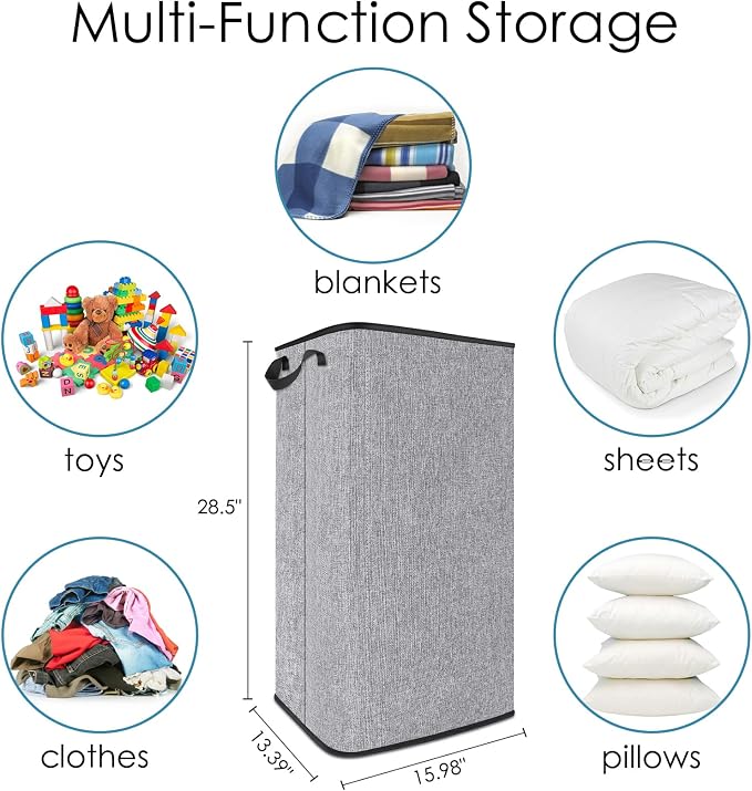 SNIGJAT Extra Large Laundry Hamper, Folding 100L Laundry Basket, Grey | Dirty Clothes Hamper for Bedroom, Tall Hamper, Sturdy Storage Organizer for Clothes and Toys