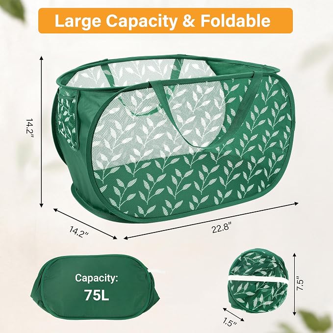 Durable Collapsible Laundry Baskets, Foldable Laundry Basket with Handy Pocket, Mesh Pop Up Clothes Hamper with Reinforced Carry Handles for Laundry, Bathroom, Kids Room, Travel -Leaf Print, Green