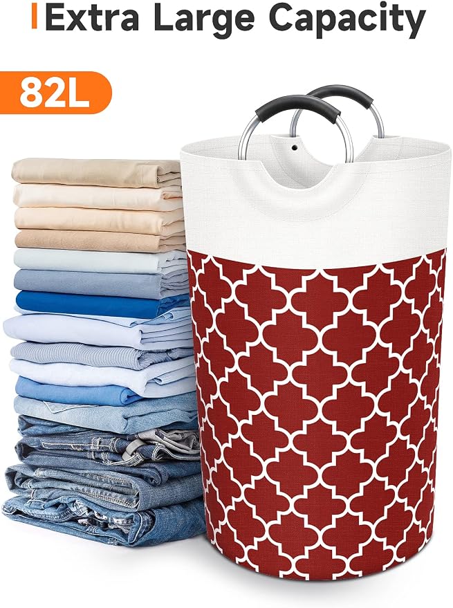Fabspace Large Laundry Basket Laundry Hamper Bag Washing Bin Clothes Bag Collapsible Tall with Handles Waterproof Travel Bathroom College Essentials Storage for College Dorm, Family, 82L (Red) | Freestanding Laundry Hamper, Waterproof Dirty Clothes Sto...
