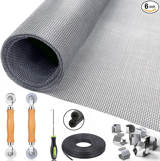 King&Charles Window Screen Replacement, 6in1 Window Screen Door Repair Kit | 48"x118" Gray Screen Mesh, Steel/Nylon Bearing Roller, 0.14in x 50ft Spline, 8 Clips & Hook for Windows, Doors, Patio & RV