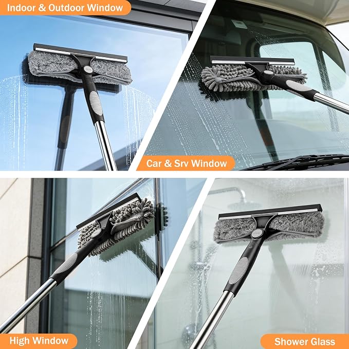 SetSail Window Squeegee with Extension Pole 2-in-1 Window Cleaning Kit Professional Window Cleaner Tool with Rotatable Head and 2 Scrubbers for Outdoor Indoor Car Windows Glass, Black Grey