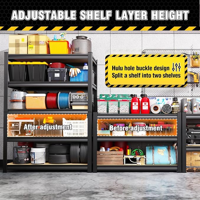 71.2"H-45.6"W Garage Shelving Heavy Duty Storage Shelves, Metal Adjustable Shelving Unit, Utility Garage Organizer Shelf for Basement, Pantry, Kitchen, Warehouse, 71.2"Hx45.6"Wx17.7"D, Black