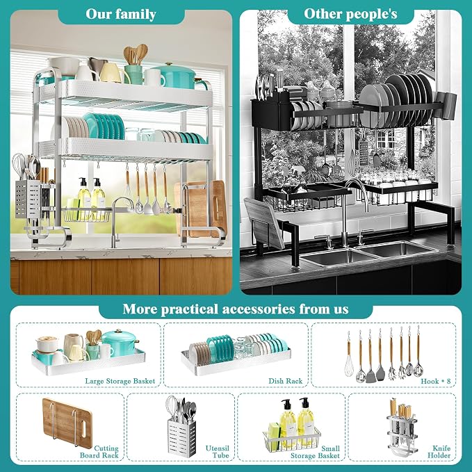 HOWDIA 3-Tier Over The Sink Dish Drying Rack, 304 Stainless Steel Dish Rack with Honeycomb Design, Cutlery Holder & Chopping Board Rack, 33.86” x 11.81” x 33.07” for Maximum Kitchen Storage
