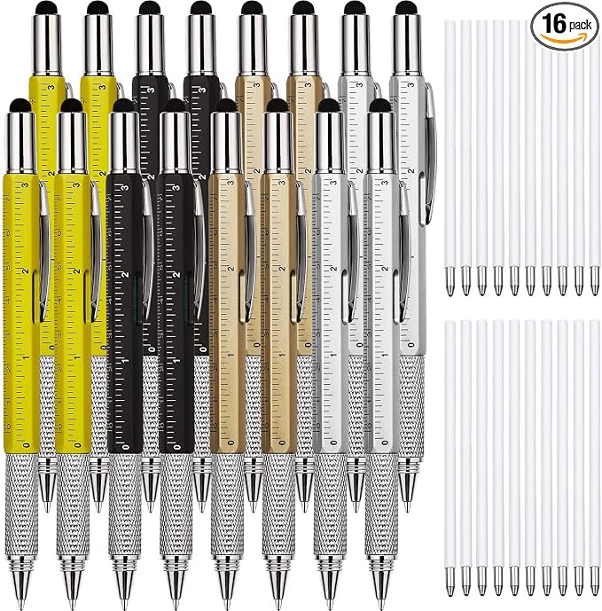 Zhanmai 16 Pcs Multi Tool Pens for Men, 6 in 1 Multitool Ballpoint Pen with Screwdriver Ruler Level Stylus Refills, Bulk Gifts for Employees Office Gadget Supplies Birthday Christmas Stocking Stuffers