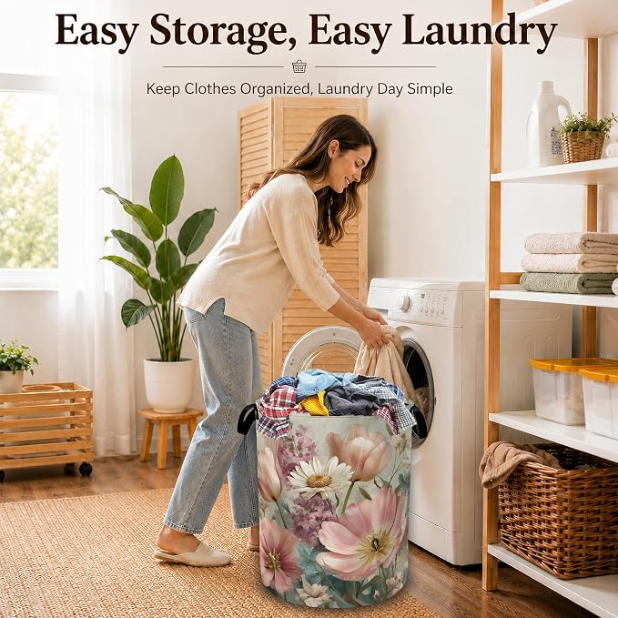 Pink Daisy Floral Large Laundry Hamper, Collapsible Oxford Clothes Basket with Handles, Freestanding Dirty Clothes Organizer for Bedroom Bathroom Dorm Laundry Room, 16 x 20.8 Inch