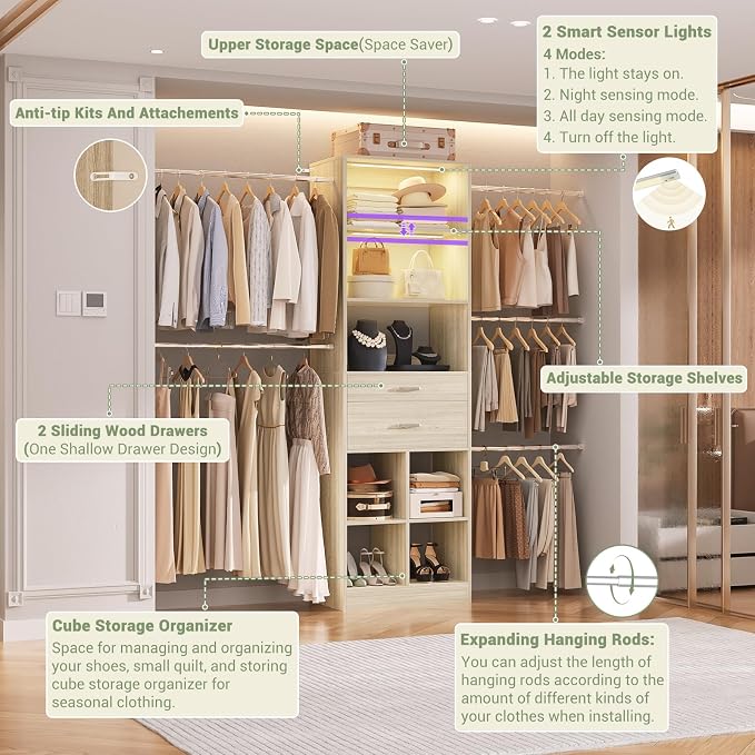 Besiost Closet System, 4-8 FT Closet Organizer System with Smart Sensor Lights, 2 Wooden Drawers and 5 Hanging Rods, Can Fit 60 to 96 inch Walk-in Closet System, Greige Oak