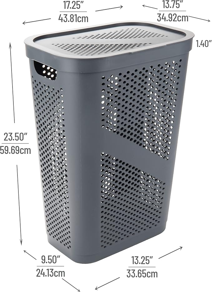 Mind Reader Slim Laundry Hamper with Lid, 60L Clothes Basket, Ventilated Plastic, Gray
