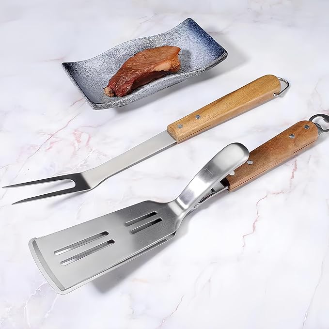 Grill Utensils Set -Innovative 2 in 1 Grill Tongs-Spatula & Barbecue Meat Forks with Long Wooden Handle for Outdoor Grilling,Cooking and Griddling