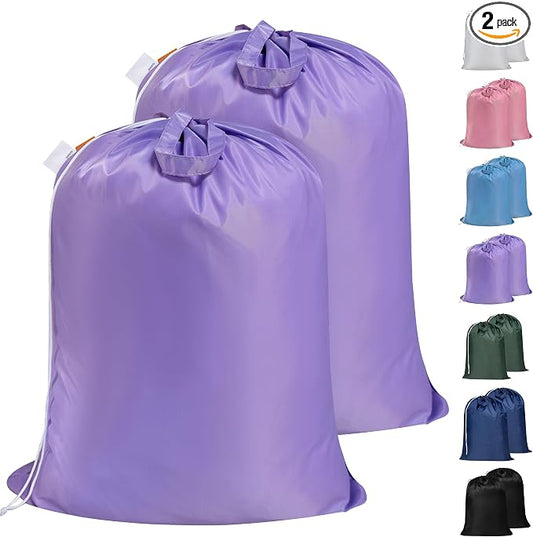 2 Pack Extra Heavy-Duty Laundry Bag with Handles, Purple, 28x36" | Extra Large, Name ID Tag, Machine Washable, Reinforced Handles, Drawstring Closure, For College Dorm Travel