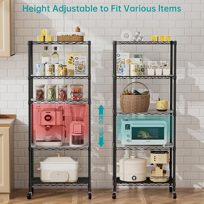 SINGAYE 5 Shelves Storage Wire Shelf Closet Metal Shelving Pantry Wheels | Shelf Bathroom Organizers Metal Kitchen Garage Shelving Unit Laundry Room Organization Home Rack Net Basket with Wheels