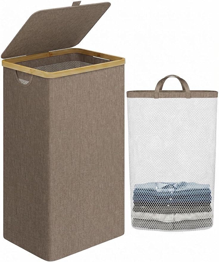 IEGrow Laundry Hamper with Lid,110L Laundry Basket with Mesh Bag,Brown | Dirty Clothes Hamper Basket with Bamboo Handle for Clothes Towels Organization
