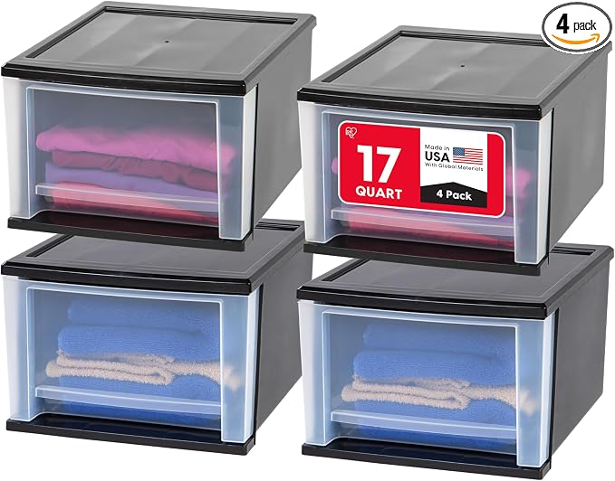 IRIS USA 4-Pack, 17 Qt. Medium Stacking Drawer Storage Organizer, Black | Organize clothing, accessories, office supplies, and everyday essentials around your home for a clutter-free space