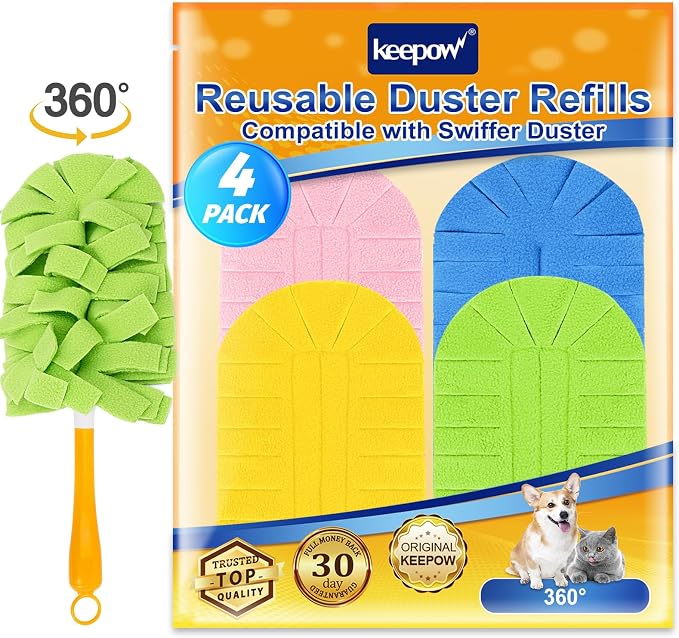 KEEPOW 4Pcs Fleece Heavy Duty Duster Refills Compatible with Swiffer Hand | Reusable Duster Refills with 360 Degree Fleece for Ceiling Fan & Cleaning, Heavy Duty, Handle Not Included, 4 Pack