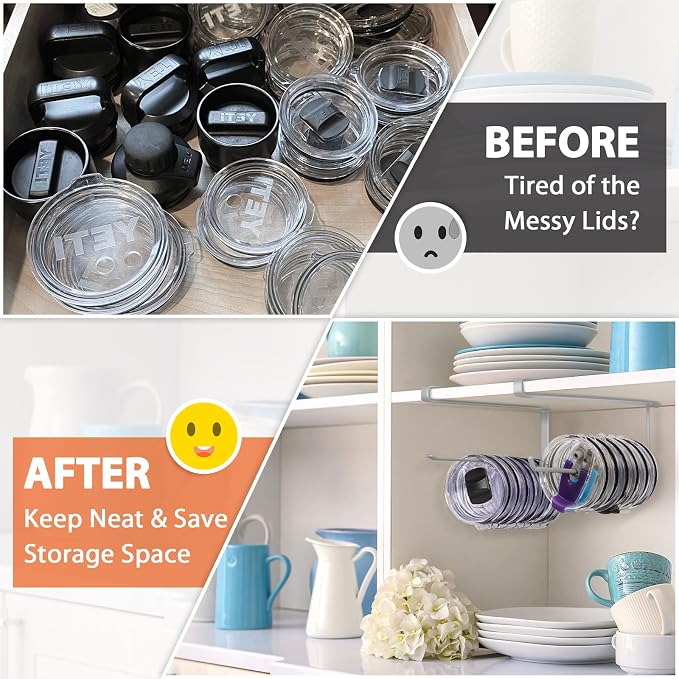 2 Pack Tumbler Lid Organizer, Versatile Storage Holds 20 Lids, Round&Flat | Space Saving Cup Lid Organizers Inside Cabinet Tumbler Lid Hook for Pantry Kitchen Organizer, Paper Towel Rack Hanger, Grey