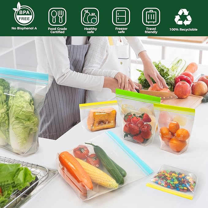 SPLF 32 Pack Reusable Food Storage Bags Dishwasher Microwave Safe, BPA Free Reusable Freezer Bags, Silicone Free Containers for Meal Prep, Fridge Kitchen - 8 Gallon 8 Half Gallon 8 Sandwich 8 Snack
