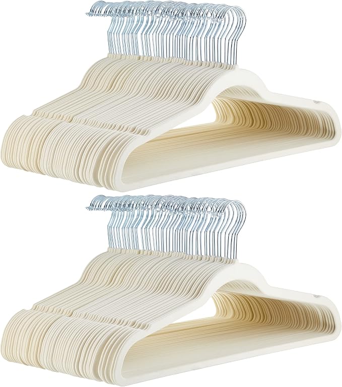Amazon Basics Slim Velvet Non-Slip Space Saving Suit Clothes Hangers for Closet Organization, Ivory/Beige, 100-Pack