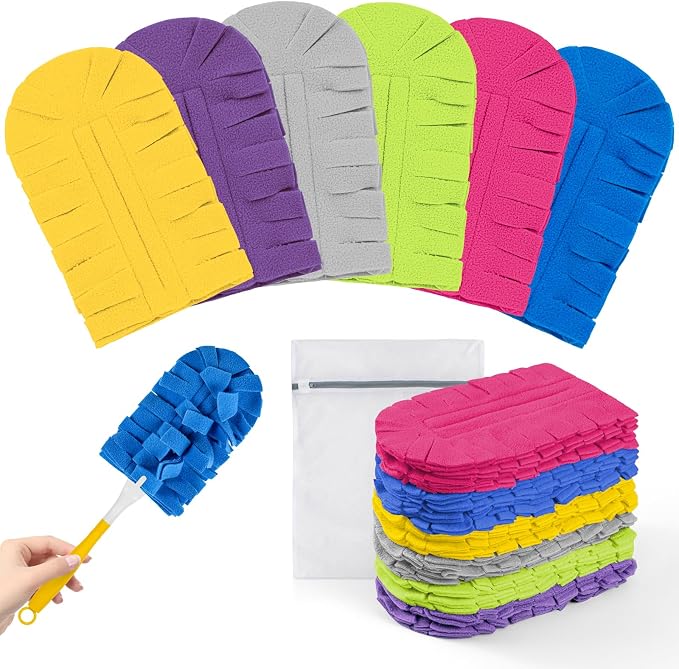 Reusable Duster Refills, Washable Duster for Swiffer (12 PCS) | Include 1 Handle & Laundry Bag, Microfiber Dusting Cloths for Cleaning Fan, Floor, Blind, Windows