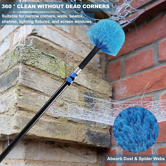 2 Pack Cobweb Duster Head Brush-Twist-On Spider Web Brush for Outdoor & Indoor Web Cleaning // Fits Standard Acme Threaded Poles // Cobweb Duster Brush Head Only-Blue
