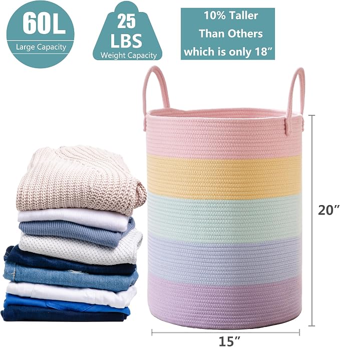 60L Laundry Hamper Basket for Girls Kids Baby Nursery, Rainbow | Large Woven Clothes Hamper for Living Room Girls Room Boho Tall Rope Baskets for Blankets Toys in Playroom Bedroom, 15Dx20H
