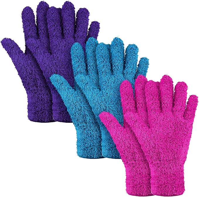 Patelai 3 Pairs Microfiber Plant Dusting Gloves Leaf Cleaning Gloves for Indoor Plants, Blinds, Furniture, House (Purple,Blue,Rose Red,Small)