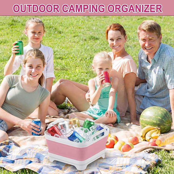 Collapsible Wash Basin for Baby Bottles with Drying Rack – 2.4 Gallon Foldable Dish Tub with Handles, Portable RV Camping Sink & Space-Saving Wash Bin with Lid for Kitchen, Travel & Outdoor, Pink