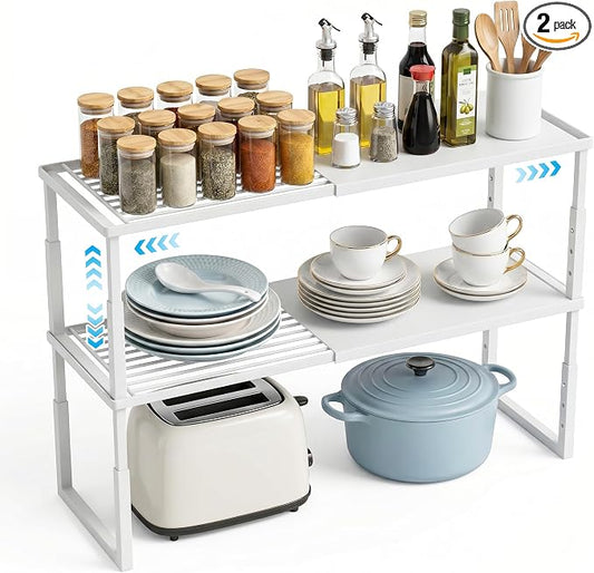 2 Packs Expandable Cabinet Shelf Organizer, Stackable Kitchen Countertop Storage Shelves, Heavy Duty Adjustable Pantry Organizer Rack for Cabinet, Cupboard, Under Sink & Spice Storage
