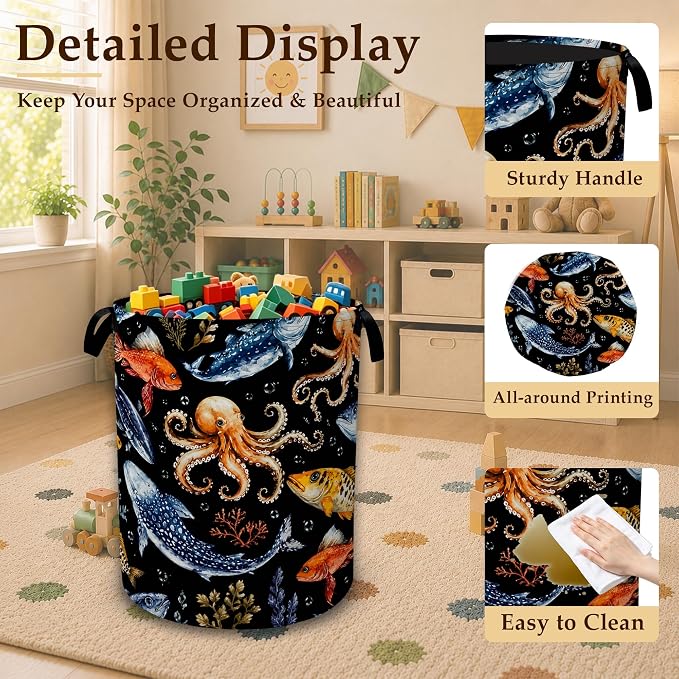 Ocean Fish Octopus Decorative Laundry Hamper, Tall Foldable Oxford Clothes Basket with Handles, Lightweight Dirty Clothes Holder for Bedroom Bathroom Laundry Room