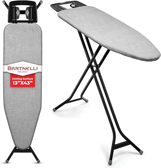 Bartnelli Extreme Stability Ironing Board 43x13 Upgraded Heavy-Duty Metal Frame & Iron Rest, Height Adjustable, Foldable, 4 Non-Skid Feet, 100% Cotton Cover, Made with Patent European Engineering