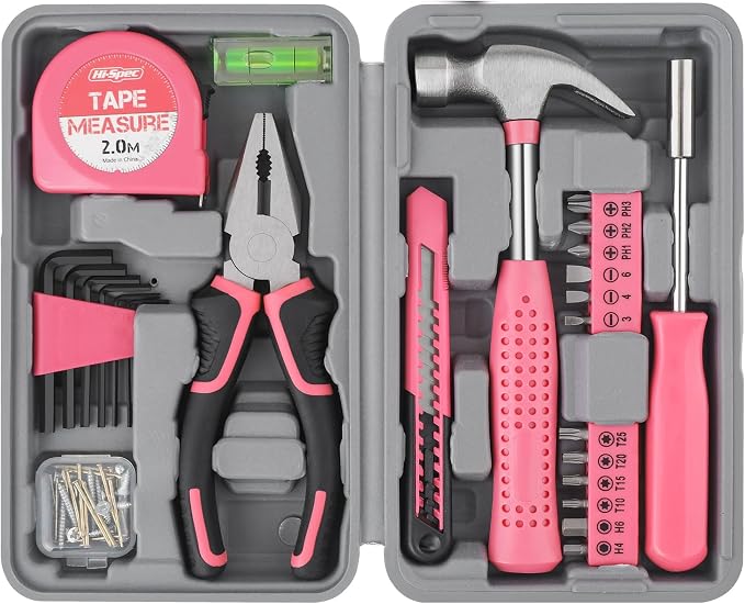 Hi-Spec Tool Set 25pc Pink Household DIY Tool Kit for Women. Small Mini Tool Box Set of Starter Basic Ladies Tools | 25pc, Household quick repair and maintenance, starter tool kit, mini tool set, ladies portable toolbox, DIY Gift