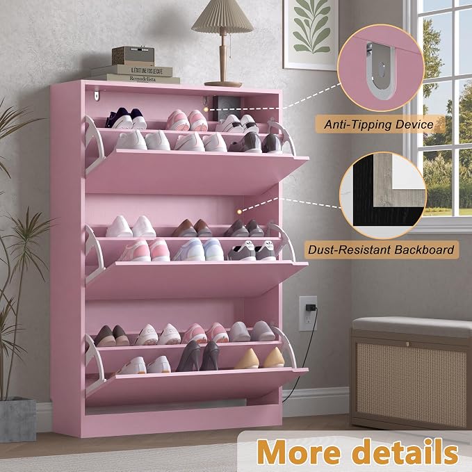BORNOON Shoe Cabinet with Odor Control and Back Panels, Deodorizing Slim 3-Flip Shoe Storage Cabinet for Entryway, Freestanding Hidden Shoe Rack Organizer for Entrance, Hallway, Bedroom