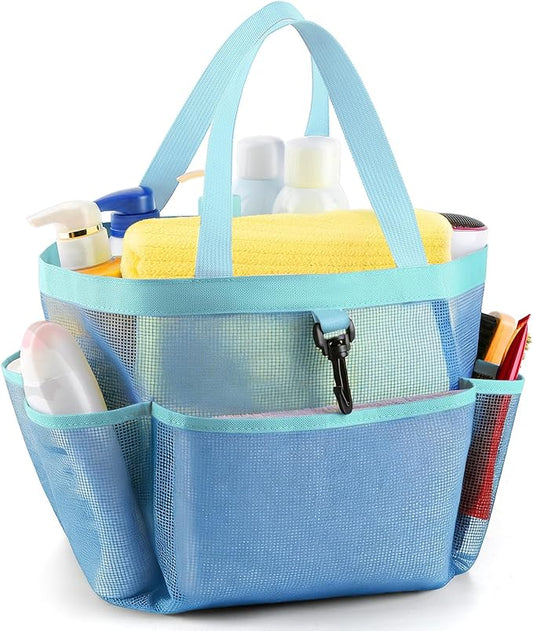LOYEE Mesh Shower Caddy Portable for College Dorm Room Essentials with 8 Pockets, Shower Bag for Beach, Swimming, Gym, Travel, Bathroom(All blue)