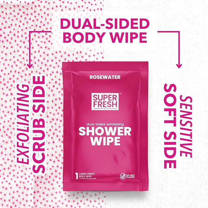 Super Fresh Shower Body Wipes, Travel Essentials for Camping, Large Rosewater Wipes for Adults, Women, Men, Kids Personal Hygiene Cloth Enriched with Aloe and Vitamin E, Individually Wrapped 20Pack