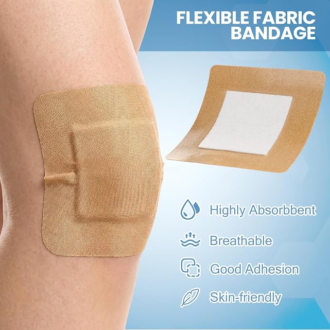 Geiserailie 24 Pcs Extra Large Flexible Adhesive Bandages 4 x 4 Inch Sterile Fabric Bandages with Non-Stick Pad Latex Free Painless Removal for Wound Care and First Aid(Rectangle)
