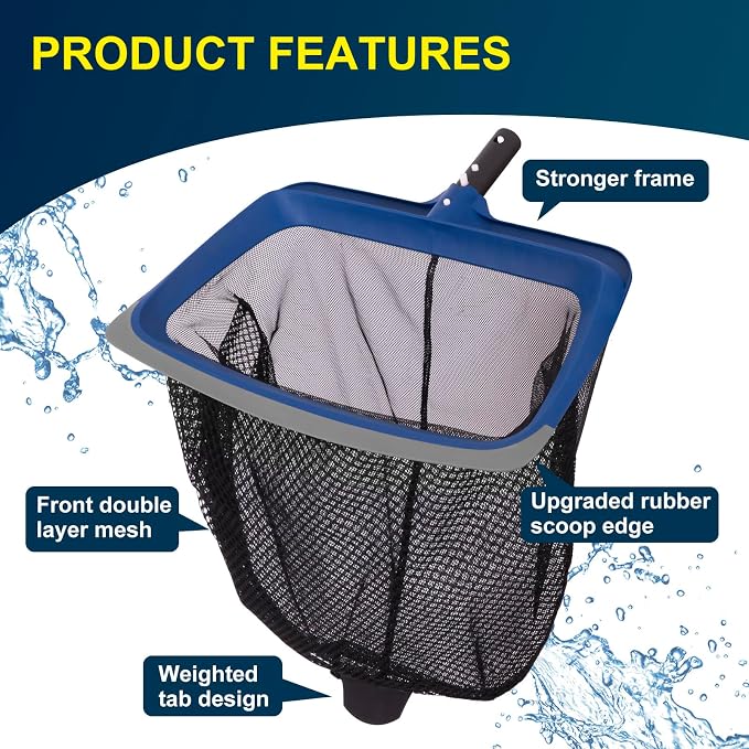 Deluxe Swimming Pool Cleaning Kit Including Pool Skimmer Net with Rubber Edge, 17.5" Pool Brush Head & Rotatable Pool Scrub Brush, Heavy Duty Pool Cleaning Kit Inground & Above Ground Pool (No Pole)