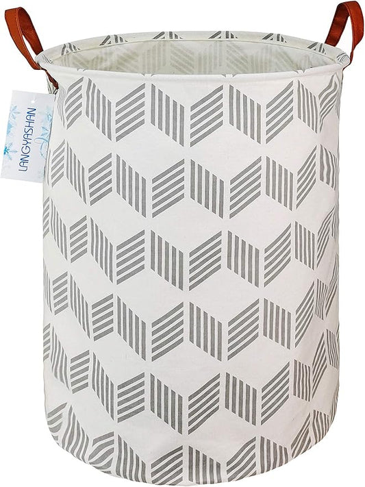 Round Laundry Basket Collapsible Storage Hamper Organizer Gery Wave | Waterproof Canvas Foldable Baskets with sturdy Handles Multi-scene Organizer for Home Play Bedroom Gift Bin