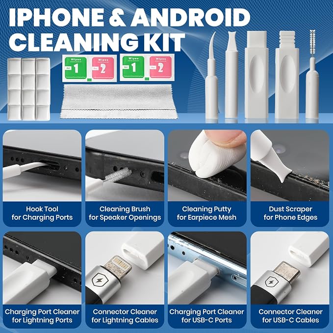 Phone Cleaning Kit (57PCS), iPhone Cleaning Kit, Airbud Cleaning Kit for AirPods, Keyboard Cleaning Kit, Charging Port Cleaner for Apple Lightning/Android USB-C (White, with 10 Mini Brush)