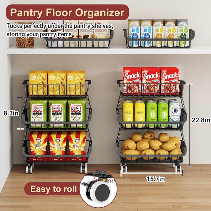 3-Tier Rolling Pantry Cart with Wheels, Stackable Wire Storage Floor Organizer for Kitchen Pantry Snack Shelves, Fruit Basket Stand, Vegetable Storage Rack for Food Snacks Onion Potato, Black, 2 Pack