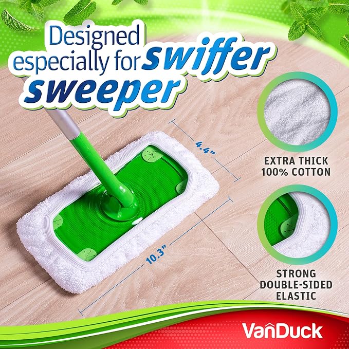 VanDuck Reusable 100% Cotton Mop Pads for Swiffer Sweeper (2-Pack) | Mop not included, reusable terry cloth mop covers, cotton replacement refills, machine washable wet mopping pads