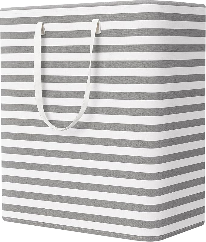 StorageRight Laundry Basket Hamper, 100L Clothes Storage, Striped Grey | Freestanding Clothes Hampers, Foldable design, with Easy Carry Handles, For Laundry, Bedroom, Dorm, Clothing, Towels, Toys