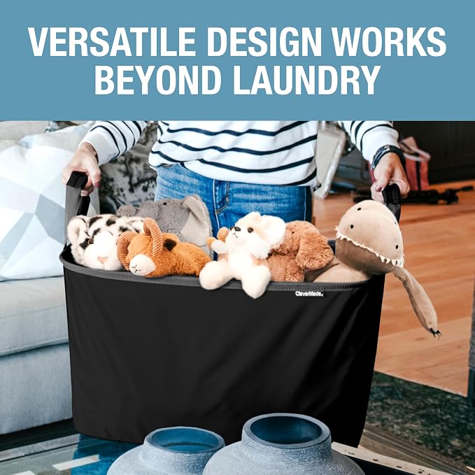 CleverMade Collapsible Laundry Basket, 60L, 2 Pack, Black | Each basket supports 55 lb and stays upright while loading, then folds to 1.25 inches for closets, dorms, and RVs.