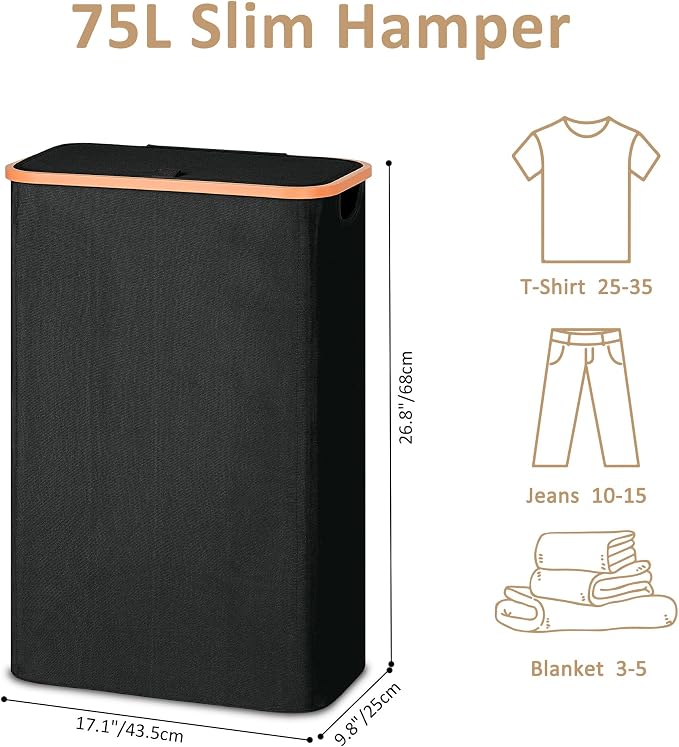 Vincona Slim Laundry Basket with Lid, Narrow Dirty Clothes Hampers for Laundry with Handle, Skinny Laundry Bin for Laundry Room, Dorm, Bedroom and Bathroom, 19.8 Gallon (75L) Black