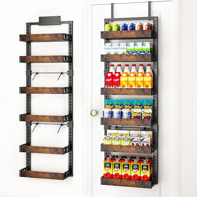 BUKFEN 6-Tier Over the Door Pantry Organizer, 2-in-1 Door Hanging or Wall Mounted Spice Rack with Adjustable Wooden Baskets, Heavy Duty Metal Storage Shelf, 12 Hooks for Kitchen, Bathroom, Closet