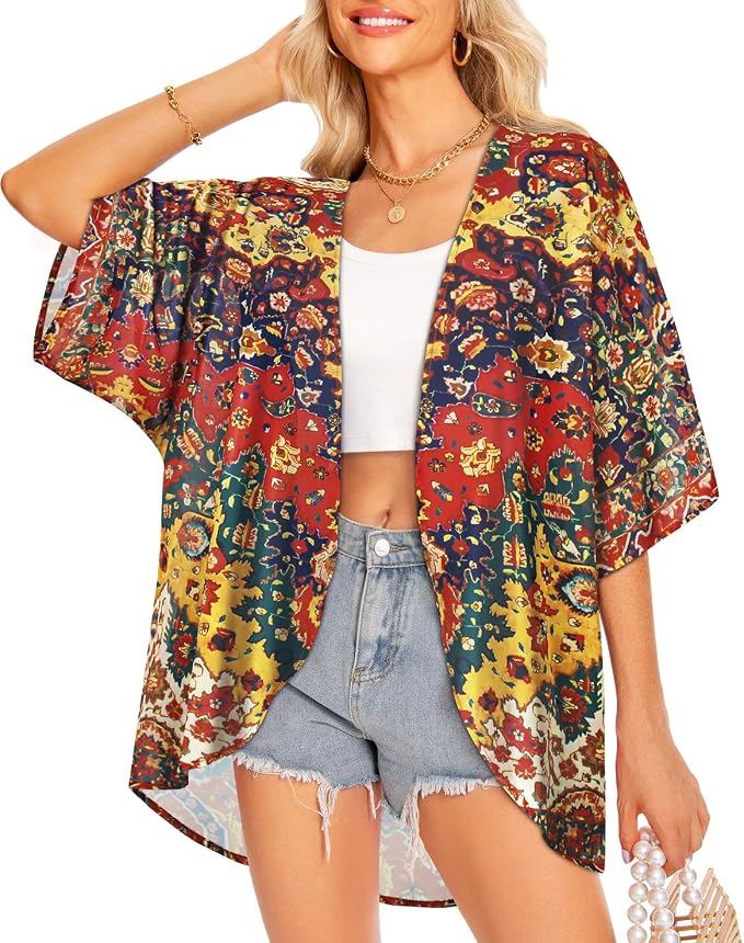 Women Kimono Cardigans Summer Cover Up Hawaiian Shirts Floral Print Tops | ROSEMIA chiffon kimono open front cardigans, beach cover ups, daily casual tops, cruise outfits, summer resort wear