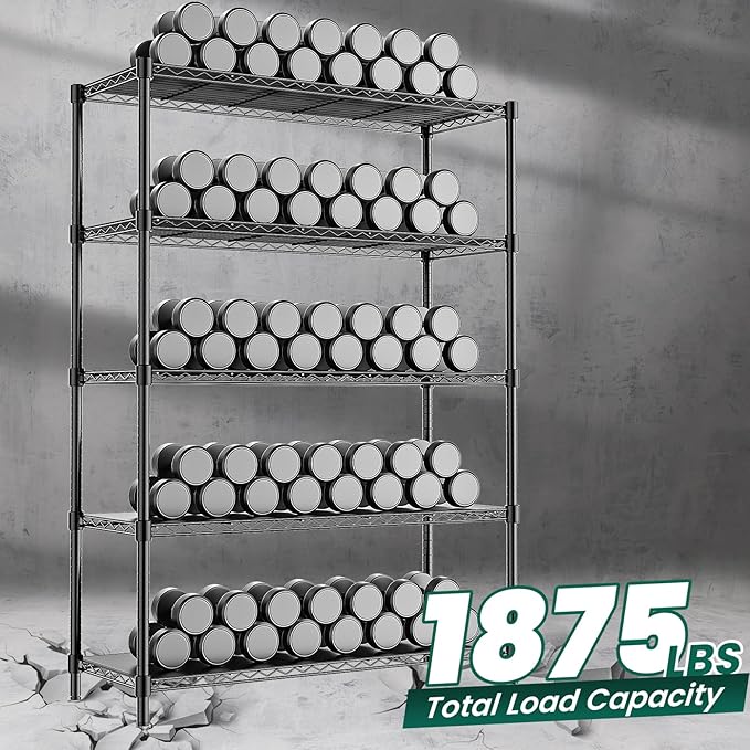 48" W Garage Shelving 1875LBS Heavy Duty Wire Shelving Unit, Metal 5-Tier Adjustable Steel Storage Rack with Liners, Storage Tote Rack, 48" W x 18" D x 72" H for Garage Commercial, Black